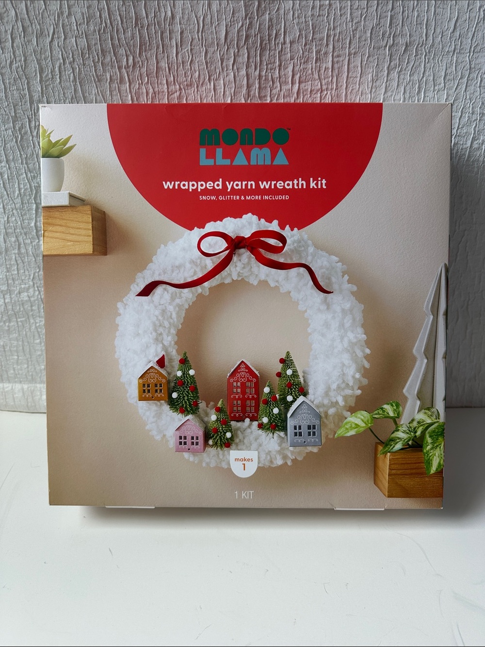 Mondo Llama Wrapped Yarn Wreath Kit with Red Bow and Houses